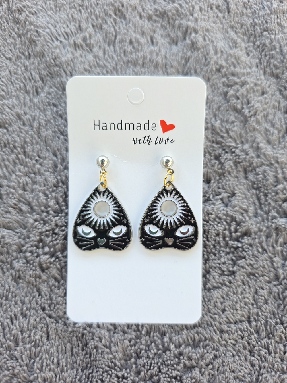 Halloween Earrings: Tarot and Ouija - The Black Cat Familiar - Silver